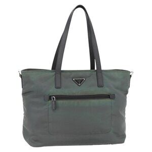 PRADA Tote Bag Nylon Khaki Silver Auth 146817